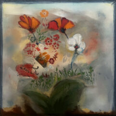FLOATING FLOWERS – Mixed Media on Canvas – 24” x 24” Michael Colpitts Abstract Paintings and Artwork, Mixed Media on Canvas Wall Art Abstract Simplistic, Mixed Media on Canvas, colorful abstract paintings, bold paintings, modern paintings on canvas, liquid acrylic painting, medium painting, medium abstract paintings for sale, bouquet, flower art, vivid red, vivid orange abstract art