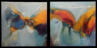 METAMORPHASIS AND EMERGENCE DIPTYCH – Mixed Media on Canvas with handmade papers and fabric – 24” x 24” each | 24” x 50” both Michael Colpitts Abstract Paintings and Artwork, Mixed Media on Canvas Wall Art Abstract Simplistic, Mixed Media on Canvas, colorful abstract paintings, bold paintings, modern paintings on canvas, liquid acrylic painting, medium painting, medium abstract paintings for sale, colorful art, vivid red blue orange abstract art