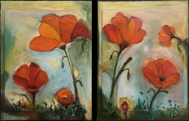 Michael Colpitts Abstract Paintings and Artwork, Mixed Media on Canvas Wall Art Abstract Simplistic, Mixed Media on Canvas, colorful abstract paintings, bold paintings, modern paintings on canvas, liquid acrylic painting, medium painting, medium abstract paintings for sale, bouquet, flower art, vivid red, vivid orange abstract art, diptych paintings, diptych art, diptych floral wall art